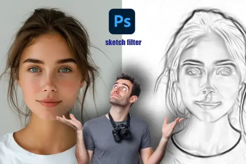 A split image shows a woman's portrait on the left and a sketch-like version on the right, created with a photoshop sketch filter. A man with a camera looks up in wonder.