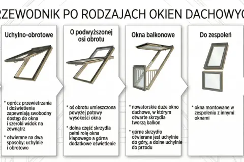 Przewodnik po rodzajach okien dachowych: obrotowe, uchylno-obrotowe, z podwyższoną osią obrotu, balkonowe, do zespoleń, wyłazowe. Kluczowy jest współczynnik przenikania ciepła okna.