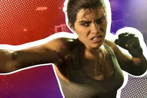 Aggressive Kämpferin im **GTA 6 Gameplay**. Sie ist bereit für den Kampf, mit angespannten Muskeln und entschlossenem Blick.