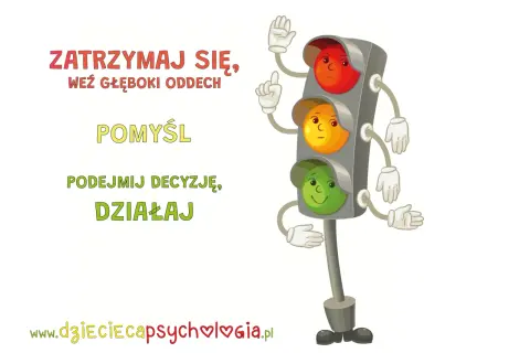 Rysunkowy sygnalizator świetlny z rękami i nogami, z czerwonym, żółtym i zielonym światłem.