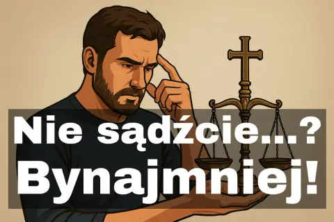 Zamyślony mężczyzna z wagą sprawiedliwości. Napis: "Nie sądźcie... Bynajmniej!".