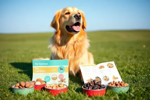 Złoty retriever siedzi na trawie obok misek z orzechami i broszury "Pet Nutrition". Czy pies może jeść orzechy nerkowca? Dowiedz się więcej!
