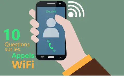 Main d'une personne tenant un téléphone portable affichant "CALLING" avec un symbole WiFi. Le texte "10 Questions sur les Appels WiFi" est visible.