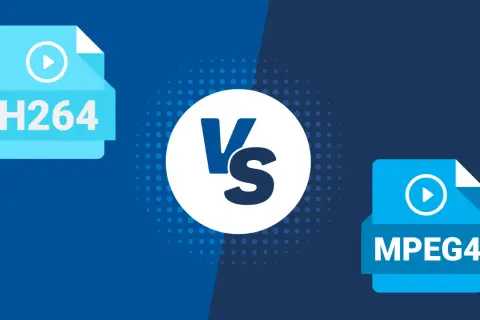 H.264 vs. MPEG4: A visual comparison of video compression formats, with icons representing each and a "VS" in the center.