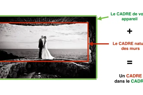 Un couple marié se tient dans un cadre naturel, créant un cadre dans le cadre.