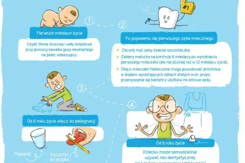 Kiedy wychodzą 6 zębów u dziecka, zaczynamy dbać o higienę jamy ustnej. Ilustracja pokazuje etapy rozwoju zębów i pielęgnacji.