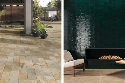Allée de voiture en pavés et mur intérieur en carreaux verts profonds. La sous couche carrelage assure la durabilité.