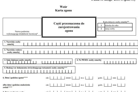 Karta zgonu - formularz do wypełnienia. W weekendy akt zgonu wystawia dyżurny lekarz.