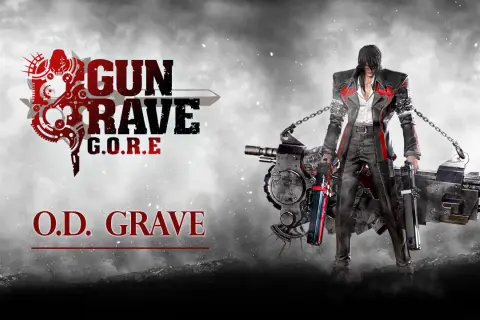 O.D. Grave z gry Gungrave G.O.R.E, z charakterystycznym płaszczem i potężną bronią.