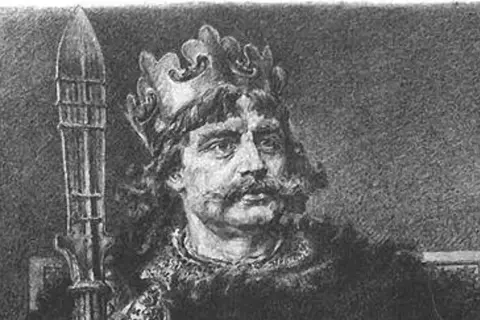 Portret Bolesława Chrobrego, pierwszego króla polskiego, z koroną i berłem.