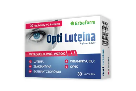 Opakowanie suplementu diety Opti Luteina, zawierającego luteinę i zeaksantynę, dla zdrowia oczu. 30 kapsułek.