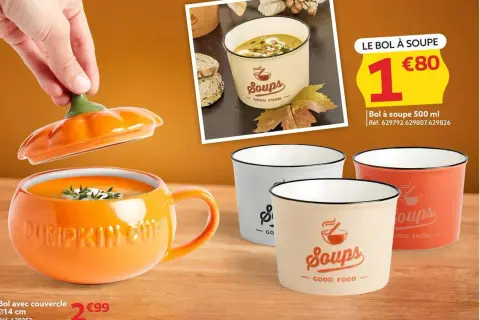 Bol orange citrouille avec couvercle, bol à soupe blanc, beige et orange.