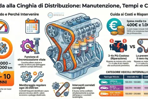Illustrazione di un motore con la cinghia di distribuzione in evidenza, che spiega la sua funzione vitale, i tempi di sostituzione e i costi. La distribuzione è fondamentale per il corretto funzionamento del motore.