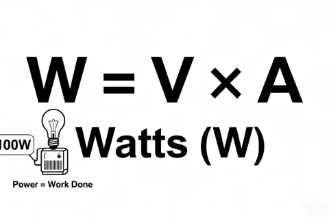 Wzór W=V×A, żarówka 100W i napis Watts (W).