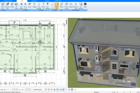 Grundriss und 3D-Ansicht eines Hauses mit Details zur Elektroinstallation.