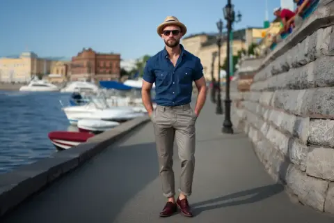 Mężczyzna w beżowym kapeluszu i okularach przeciwsłonecznych, w granatowej koszuli i szarych chinosach, zastanawia się, jakie buty do chinosów wybrać. Eleganckie, bordowe półbuty to świetny wybór.