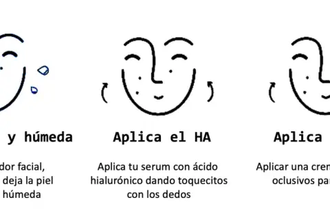 Rutina para piel radiante: limpia, aplica serum con ácido hialurónico para hidratar y sella con crema oclusiva.