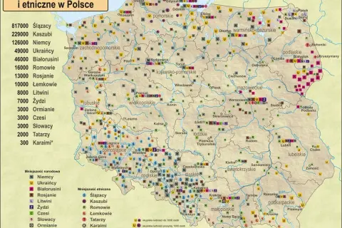 Mapa Polski z zaznaczonymi skupiskami mniejszości narodowych i etnicznych, ukazująca rozmieszczenie mniejszości etnicznych w Polsce.