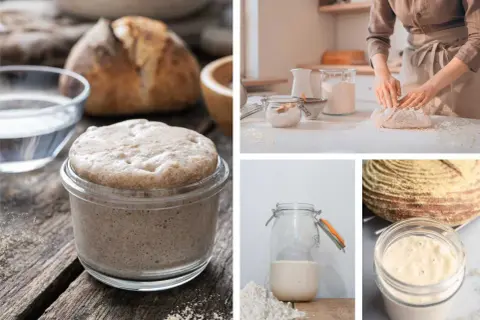 Ein Glas mit blubberndem Sauerteig, daneben ein Brot. Eine Bäckerin knetet Teig. Der Prozess der Sauerteig Hefe.