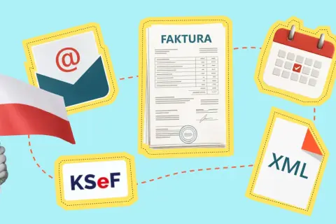 Polska flaga, faktura, koperta, kalendarz i plik XML symbolizują system KSeF.