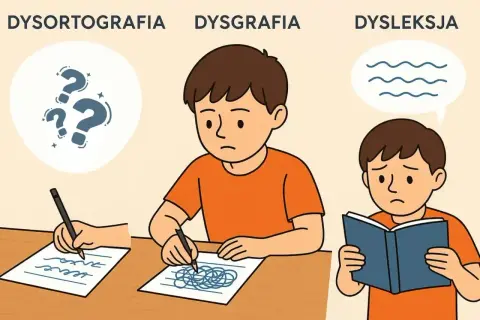 Chłopiec z dysleksją ma trudności z czytaniem, podczas gdy inny zmaga się z pisaniem.