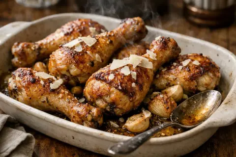 Un plat de pilon de poulet rôti, garni de copeaux de parmesan et d'ail confit, dégageant une vapeur appétissante.