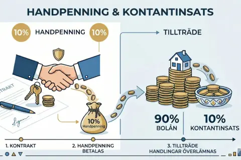 Illustration visar husköp: 10% handpenning betalas vid kontrakt, resten 90% bolån. Kontantinsats hus procent är 10%.