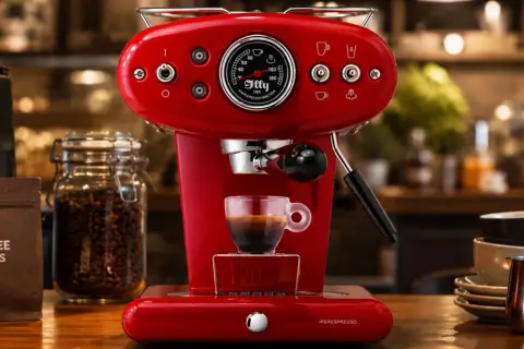 Macchina espresso rossa con tazzina di caffè. Scopri quale caffè usare per macchina espresso per un aroma perfetto.