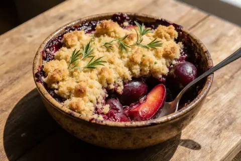 Ein warmer Zwetschgen Crumble mit knuspriger Streuseldecke und Rosmarinzweig, serviert in einer rustikalen Schale auf Holz.
