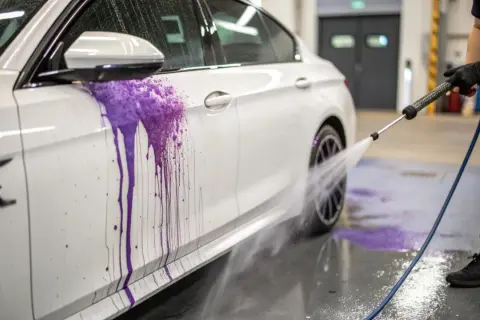 Płukanie białego samochodu po nałożeniu fioletowego preparatu do dekontaminacji. Widać, jak woda spływa po lakierze, usuwając zabrudzenia.