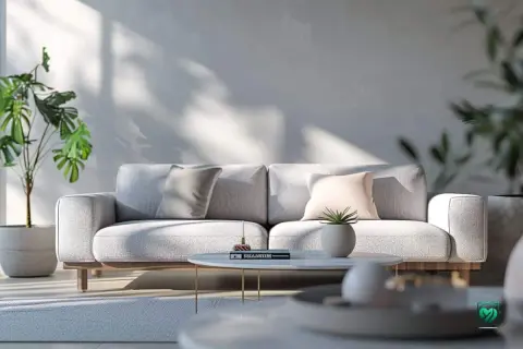Ein hellgraues Sofa mit Kissen in Grau und Rosé. Die Frage, welche Farbe passt zu grau, wird hier elegant beantwortet: zarte Pastelltöne und Grünpflanzen.