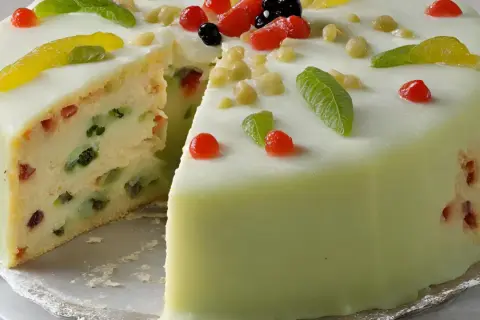 Délicieuse cassata siciliana, un gâteau traditionnel sicilien, avec sa garniture colorée de fruits confits et sa couverture verte.