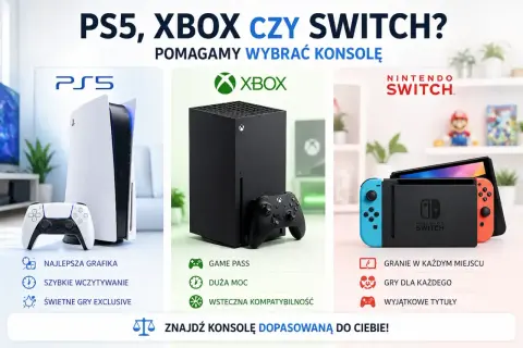 Porównanie konsol PlayStation 5, Xbox Series X/S i Nintendo Switch z ich kontrolerami.
