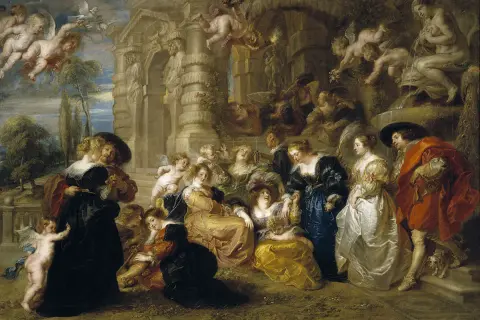 Escena mitológica con cupidos y figuras alegóricas, evocando la opulencia de los pintores de la edad moderna.