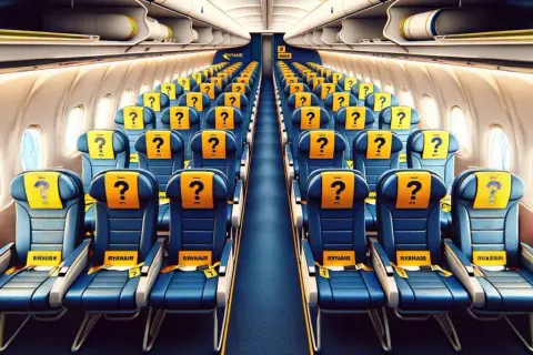 Puste miejsca w samolocie Ryanair z żółtymi zagłówkami i znakami zapytania. Czekają na pasażerów.