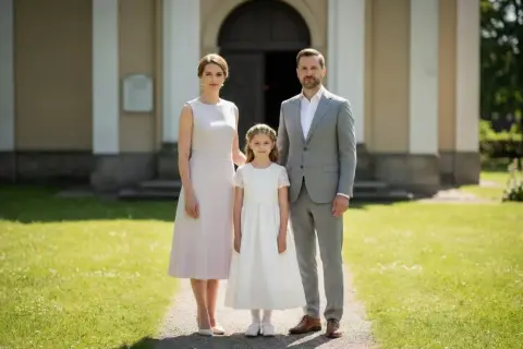 Rodzina przed kościołem. Mama w jasnej sukience, tata w garniturze, a córka w bieli. Idealny przykład, jak się ubrać na komunię syna, gdy to on jest głównym bohaterem.