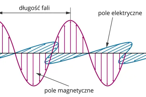 Schemat przedstawia fale elektromagnetyczne, których zastosowanie jest wszechstronne. Widać pole elektryczne i magnetyczne oraz długość fali.