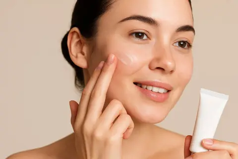 Donna applica un leggero strato di base trucco sul viso, tenendo in mano il tubetto.