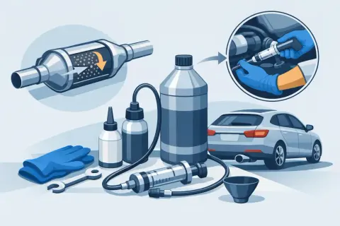 Illustration visar verktyg och vätskor för att fylla på motorolja i en bil. En spruta används för att fylla på olja i motorn.
