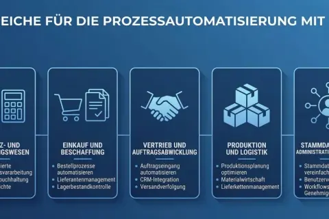 Bereiche der Prozessautomatisierung mit ERP: Finanzen, Einkauf, Vertrieb, Produktion und Administration.