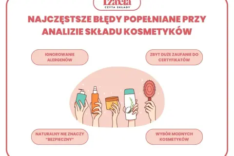 Najczęstsze błędy przy analizie składu kosmetyków: ignorowanie alergenów, zbytnie zaufanie do certyfikatów, naturalny nie znaczy bezpieczny, wybór modnych kosmetyków.