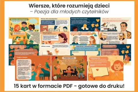 Wiersze, które rozumieją dzieci – poezja dla młodych czytelników. Ilustracje przedstawiają dzieci, zwierzęta i postacie z literatury, zachęcając do odkrywania świata **lyric**.