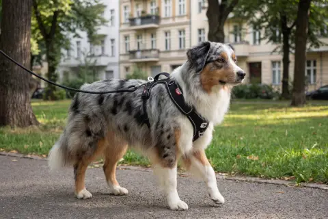 Ein wunderschönes australian shepherd Rasseportrait: Ein blue merle Australian Shepherd mit seinem charakteristischen Fellmuster und einem Geschirr spaziert auf einem Weg.