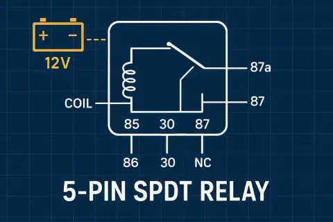 Diagrama de un rele coche de 5 pines SPDT. Muestra la conexión de una batería de 12V a la bobina y los contactos.