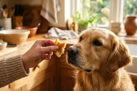 A golden retriever looks longingly at a piece of pancake offered by a hand. This image makes you wonder, can dogs eat pancakes?