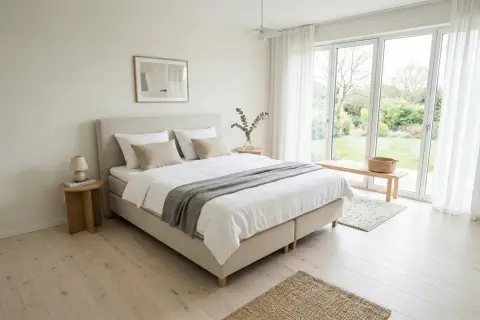 Ein helles Schlafzimmer mit einem **standard Bett**, weißen Bettwäsche, einem Holzbettrahmen und großen Fenstern mit Blick auf einen Garten.