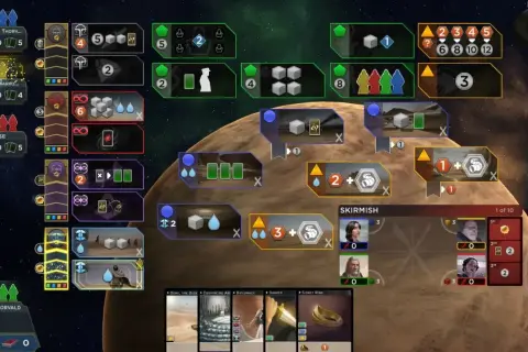 Brettspiel-Aufbau für Dune: Imperium Solo. Spielerfiguren, Ressourcen und Aktionsfelder sind auf dem Spielbrett verteilt.