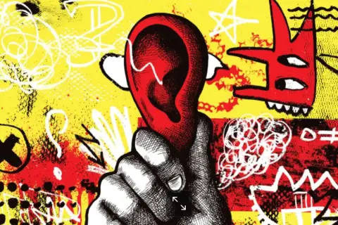 Eine Hand hält ein rotes Ohr, umgeben von chaotischen Kritzeleien und einem roten Monster. Ein Ohrwurm-Lied auf Deutsch, das im Kopf bleibt.