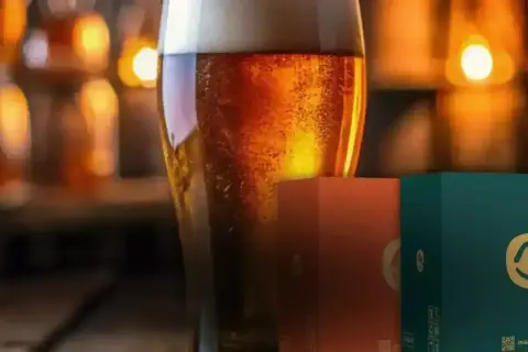 Bicchiere di birra dorata con bollicine, accanto a scatole di birra celiaci.