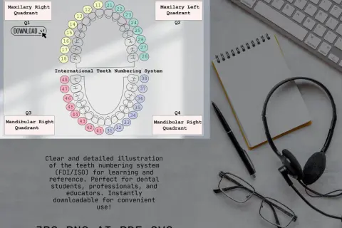 Diagram przedstawiający numery zębów w stomatologii, z podziałem na kwadranty i oznaczeniami FDI/ISO.